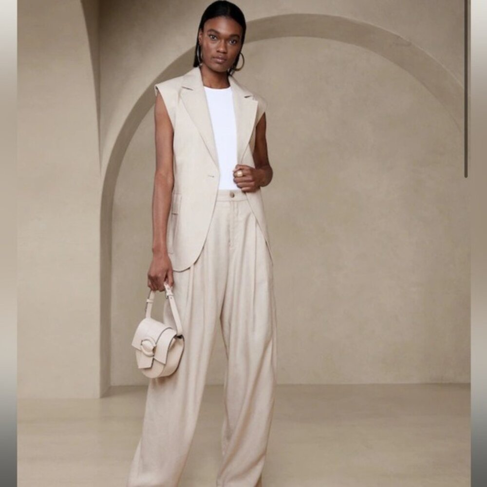 Banana Republic Sz 6 M Lena Linen Wide Leg Beige Off White Goop Trousers Coastal